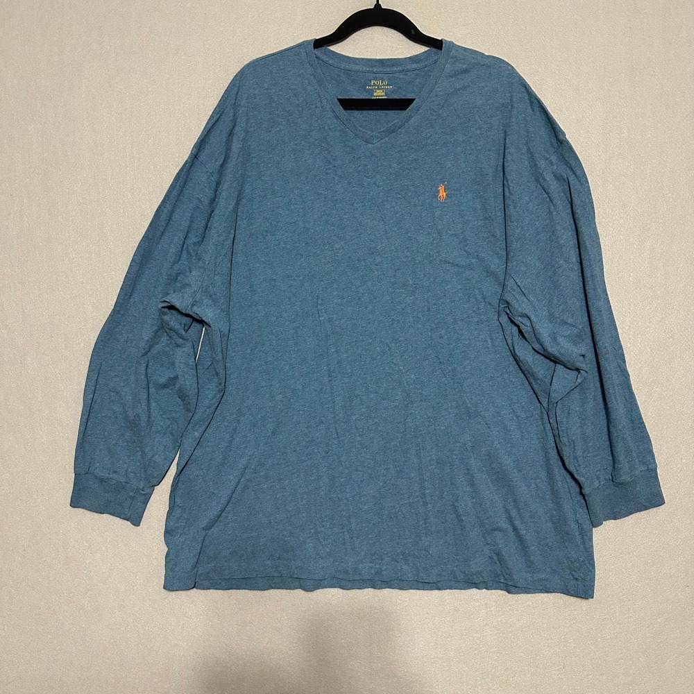 Polo Ralph Lauren Mens V-Neck Long Sleeve T-Shirt Blue Big 2XB Pony Logo